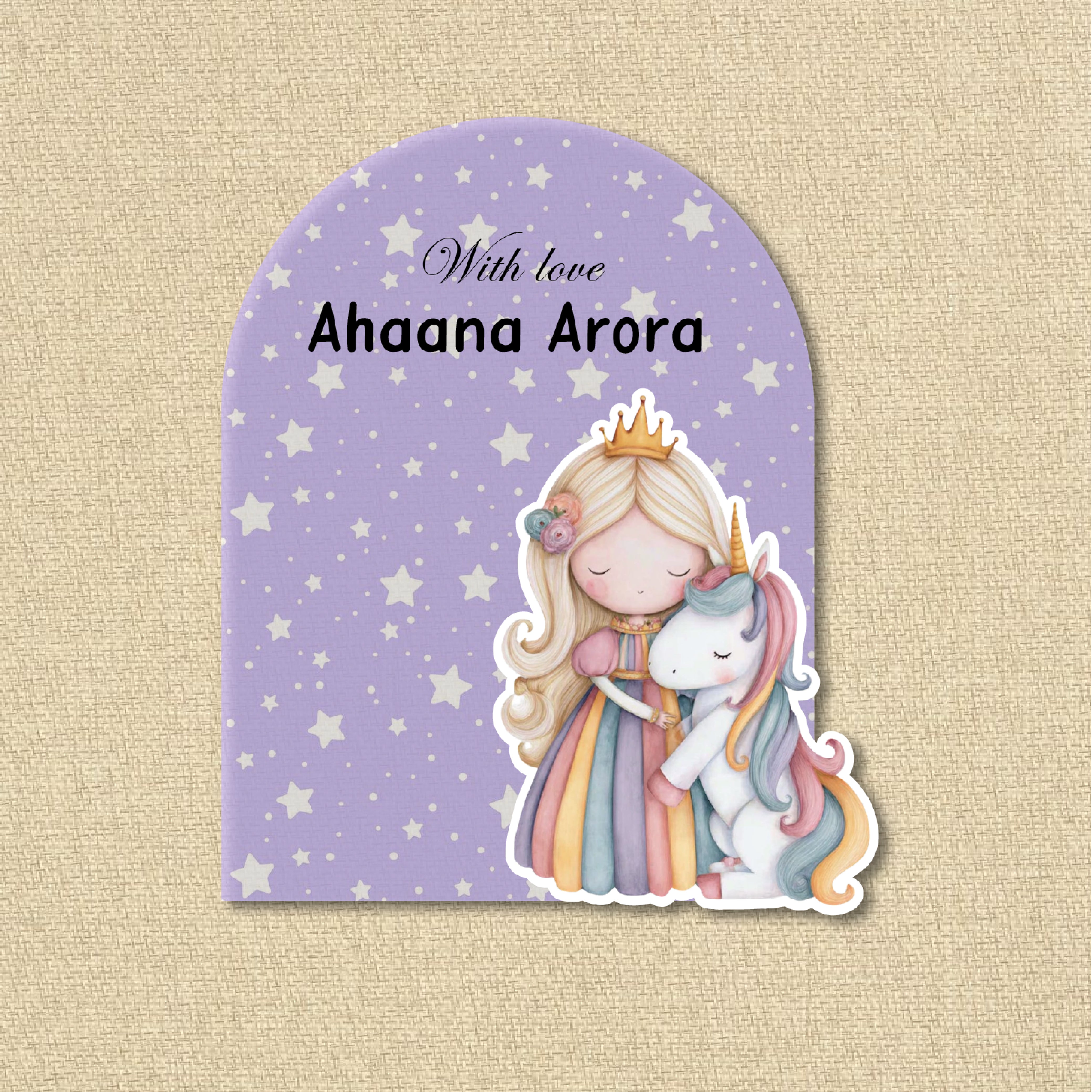 3D Gift Tag (Arch shape) - Princess with Unicorn (Purple)