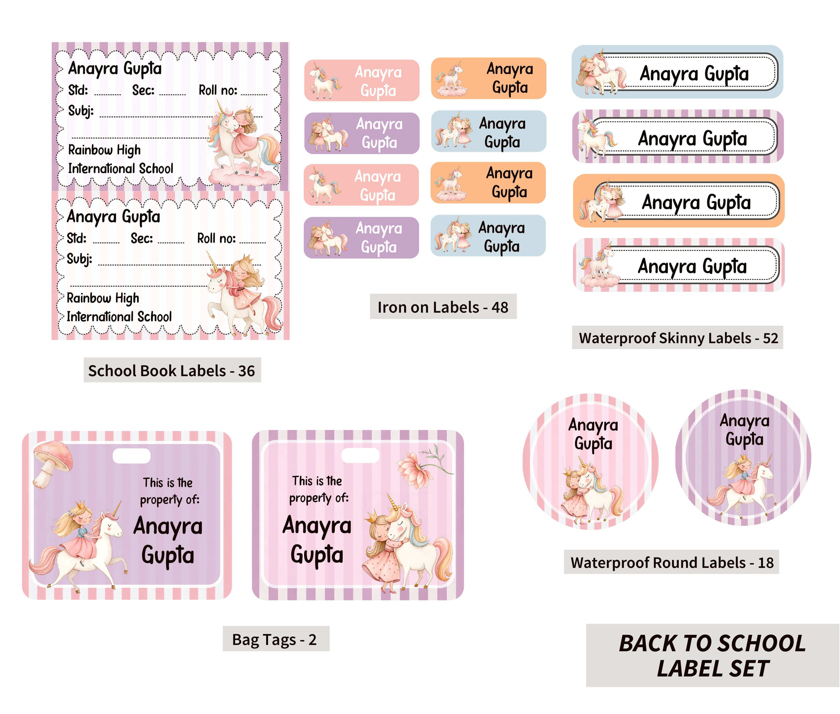 Back To School Label Set - Unicorn & Princess