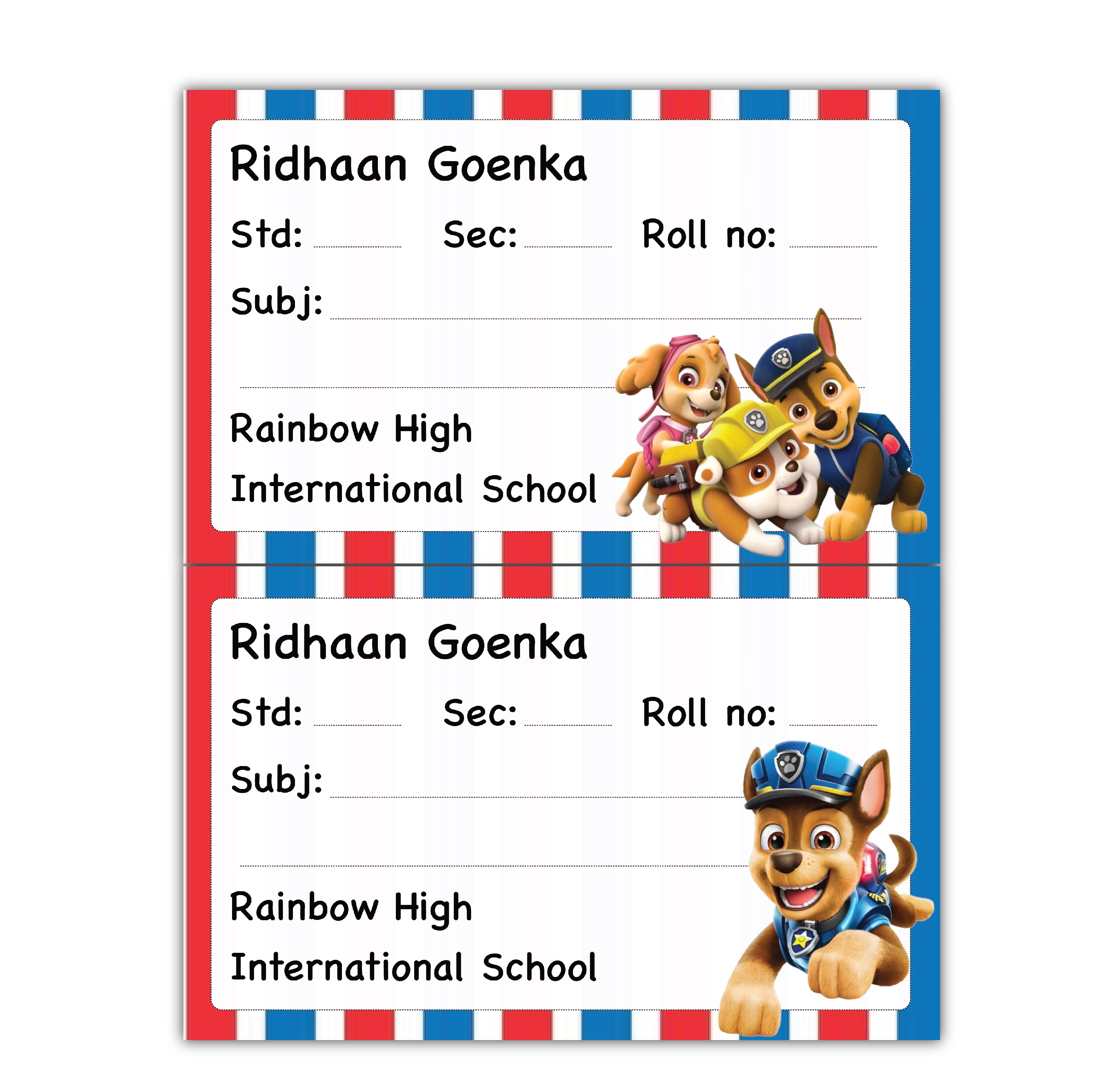 School Book Labels - Paw patrol